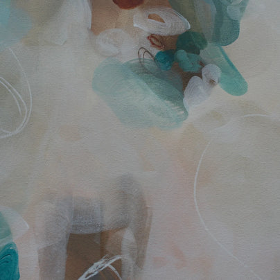 Abstract art with teal, white, and beige colors on a textured surface