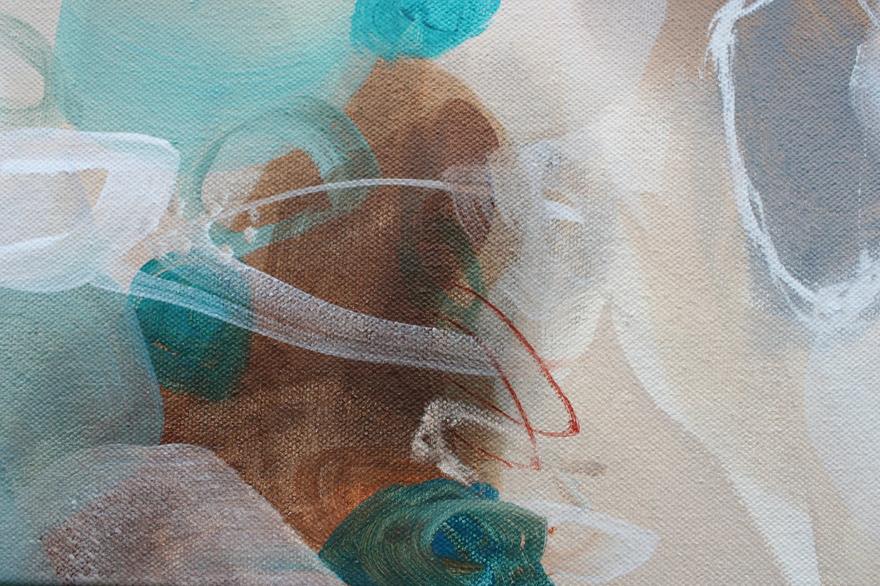 Abstract art with teal, brown, and white colors on a textured surface