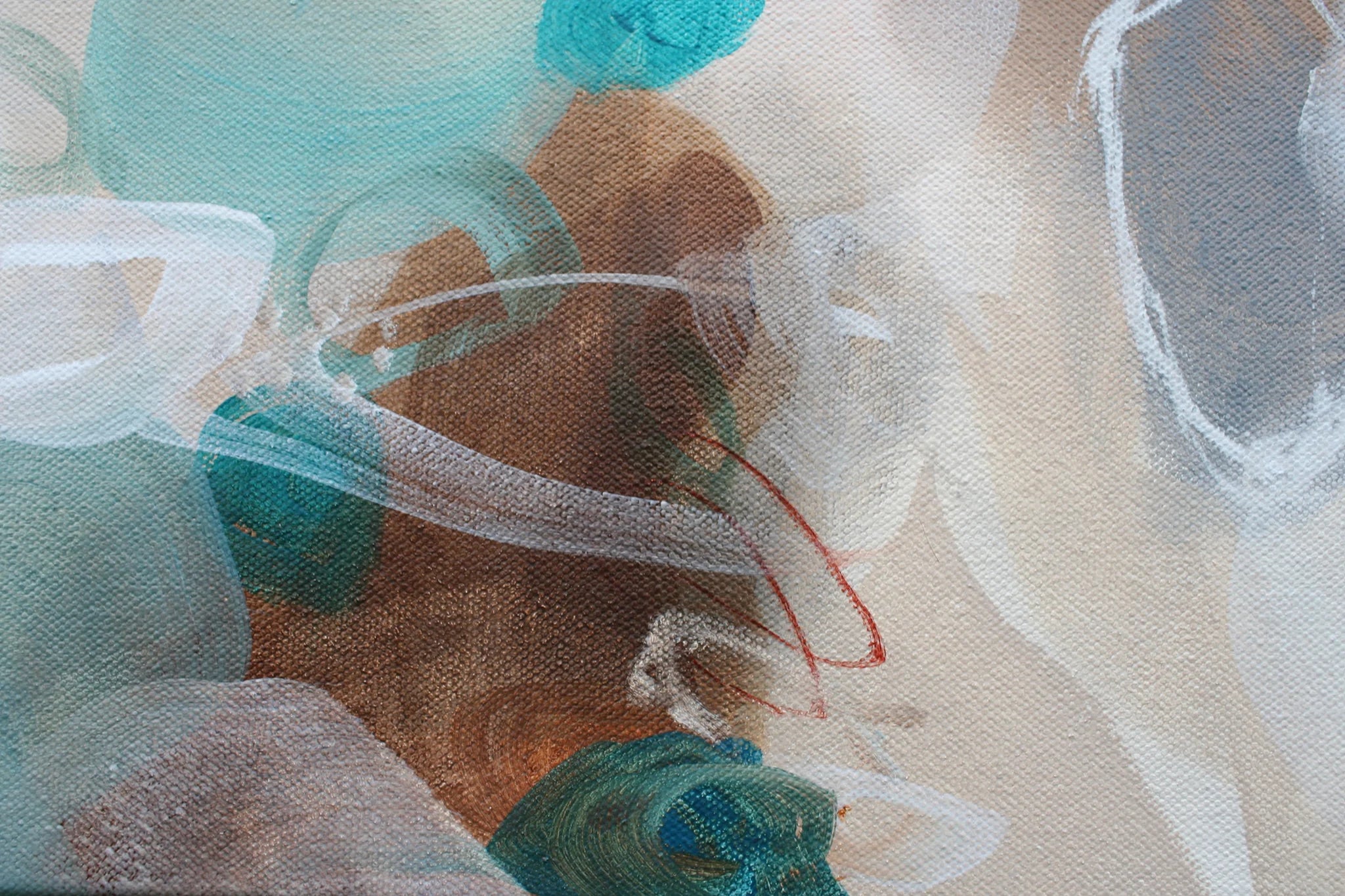 Abstract art with teal, brown, and white colors on a textured surface