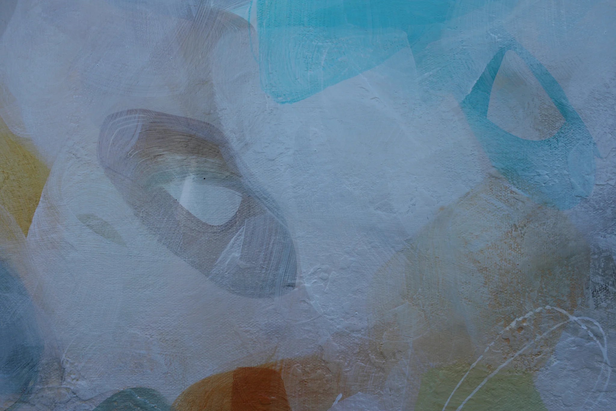 Abstract art with geometric shapes in blue, green, and orange on a textured background