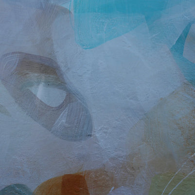 Abstract art with geometric shapes in blue, green, and orange on a textured background