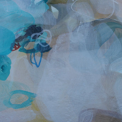 Abstract art with blue, green, and white colors on a textured surface