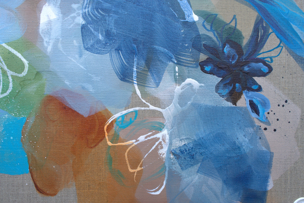 Abstract painting with blue, green, and brown colors on a textured surface
