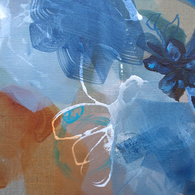 Abstract painting with blue, green, and brown colors on a textured surface