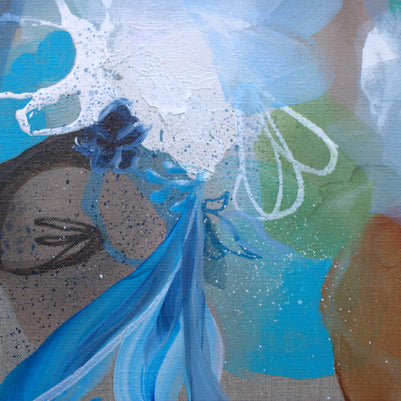 Abstract artwork with blue and green colors on a textured surface