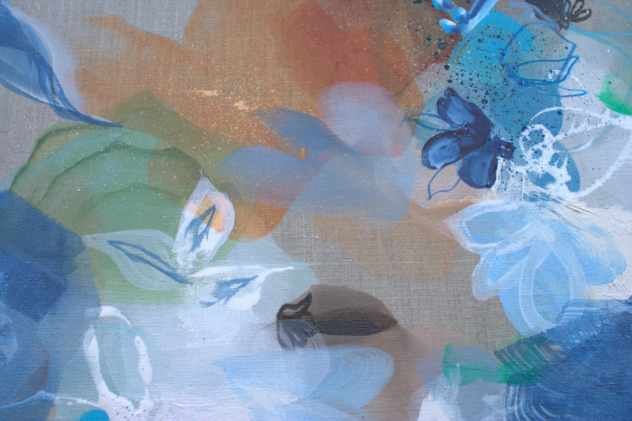 Abstract artwork with blue, green, and orange colors on a textured surface.
