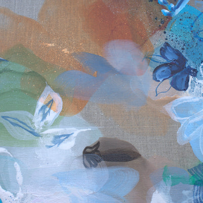 Abstract artwork with blue, green, and orange colors on a textured surface.