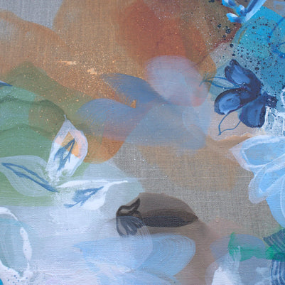 Abstract artwork with blue, green, and orange colors on a textured surface.