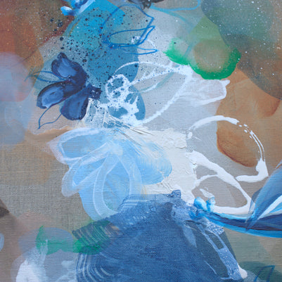 Abstract artwork with blue and white butterfly-like shapes on a textured background