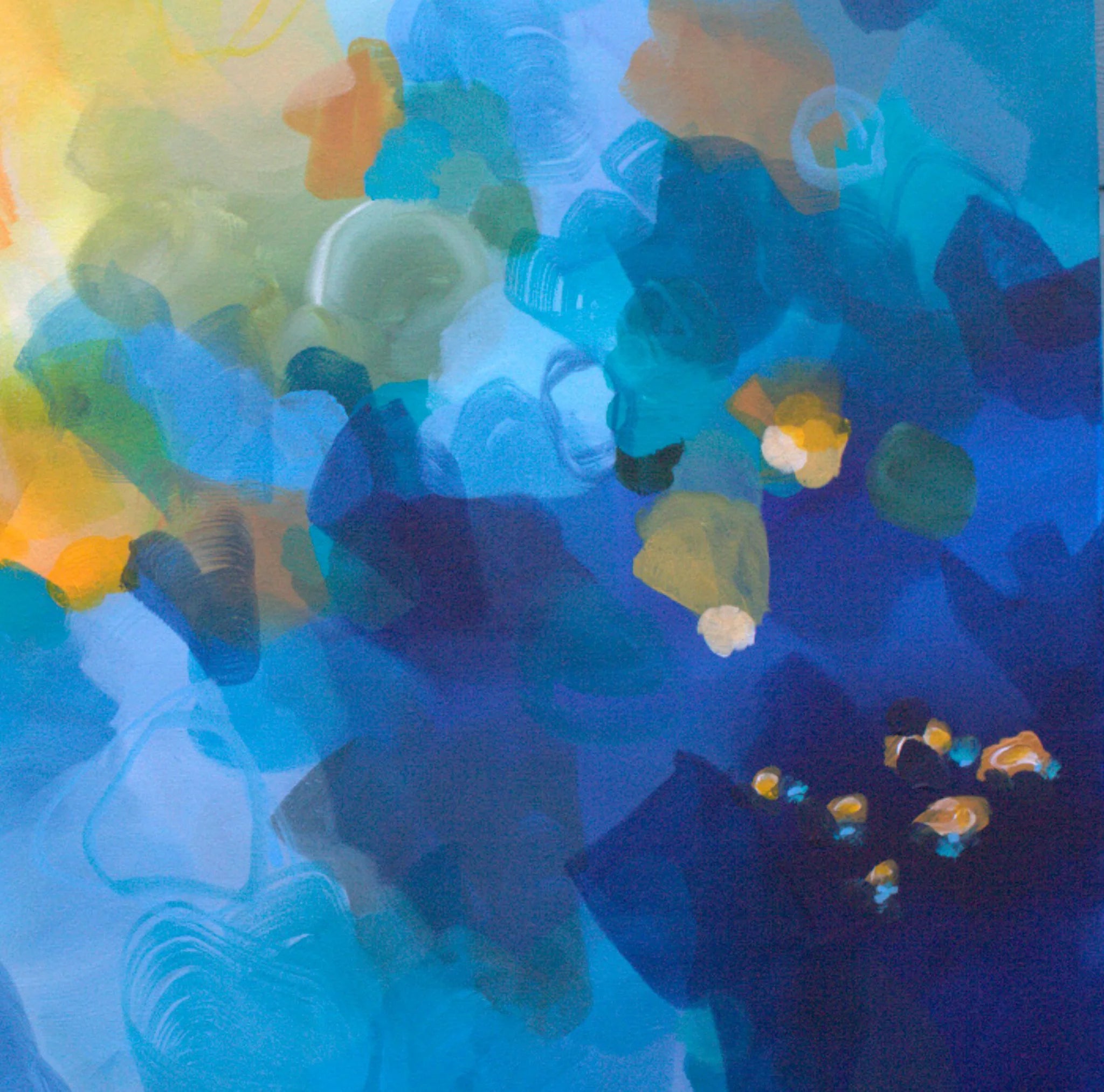 Abstract artwork with blue, green, and yellow colors on a textured surface