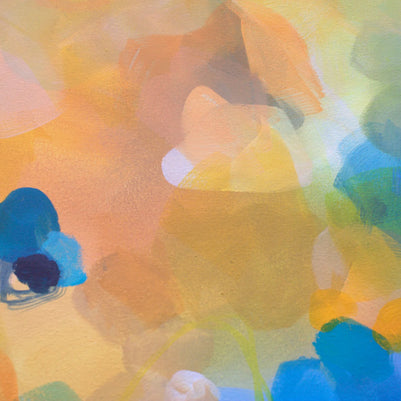Abstract painting with blue, green, and orange colors