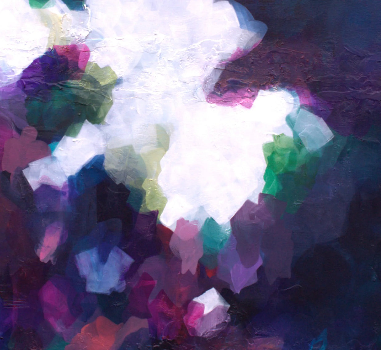 Abstract painting with a central white area surrounded by colorful, cloud-like shapes on a textured dark background.