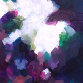 Abstract painting with a central white area surrounded by colorful, cloud-like shapes on a textured dark background.