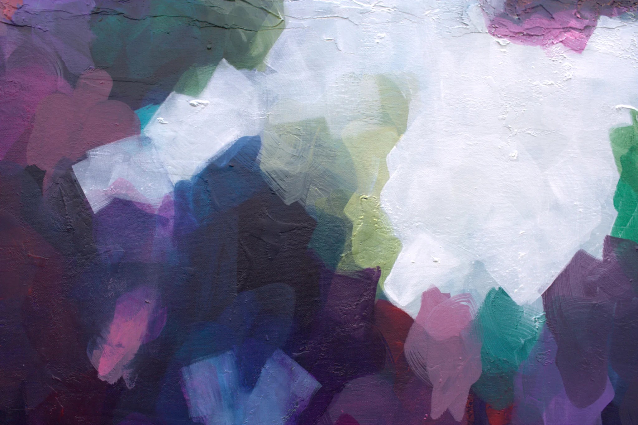 Abstract painting with a central white area surrounded by colorful, cloud-like shapes on a textured dark background.
