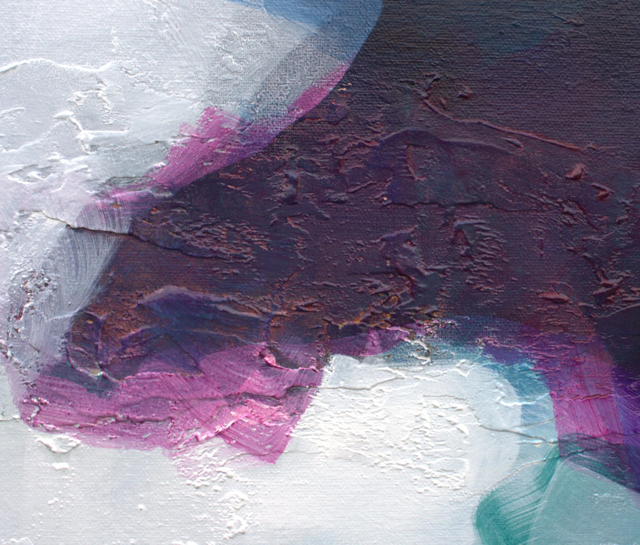 Abstract painting with a central white area surrounded by colorful, cloud-like shapes on a textured dark background.