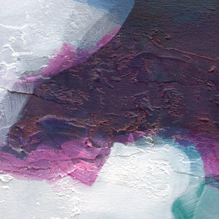 Abstract painting with a central white area surrounded by colorful, cloud-like shapes on a textured dark background.