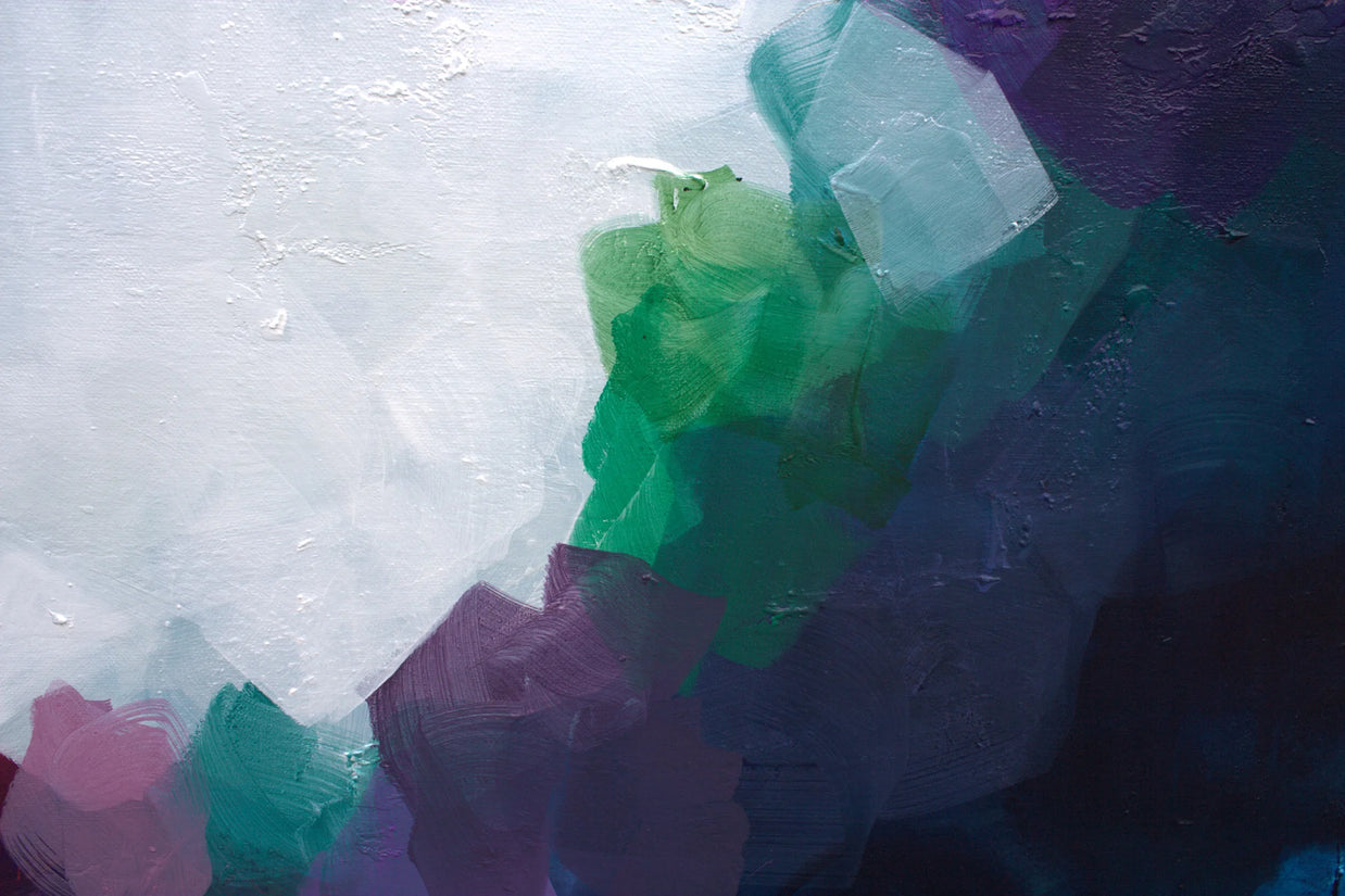 Abstract painting with a central white area surrounded by colorful, cloud-like shapes on a textured dark background.