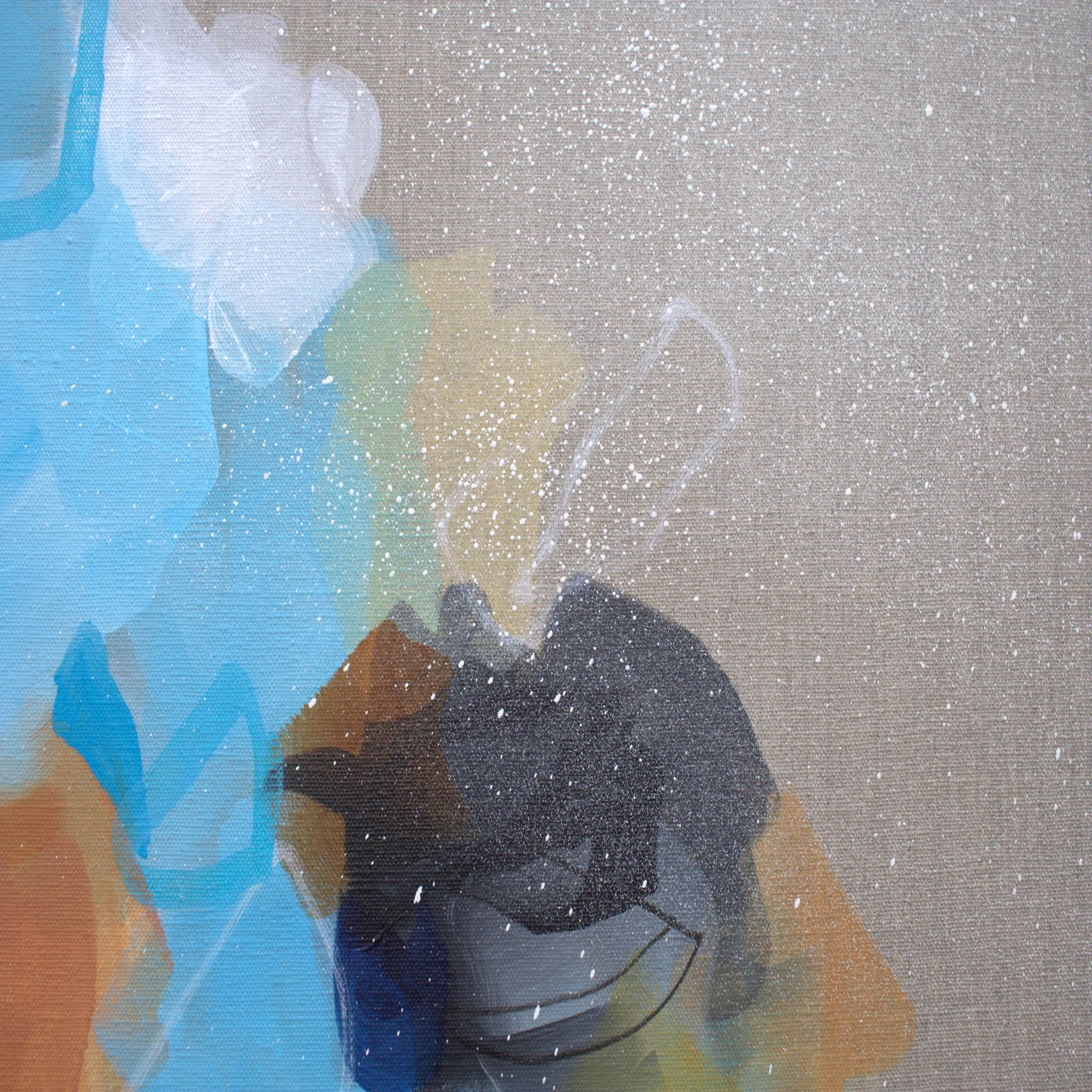 Abstract art with splashes of blue, black, white, and sienna on a linen canvas background