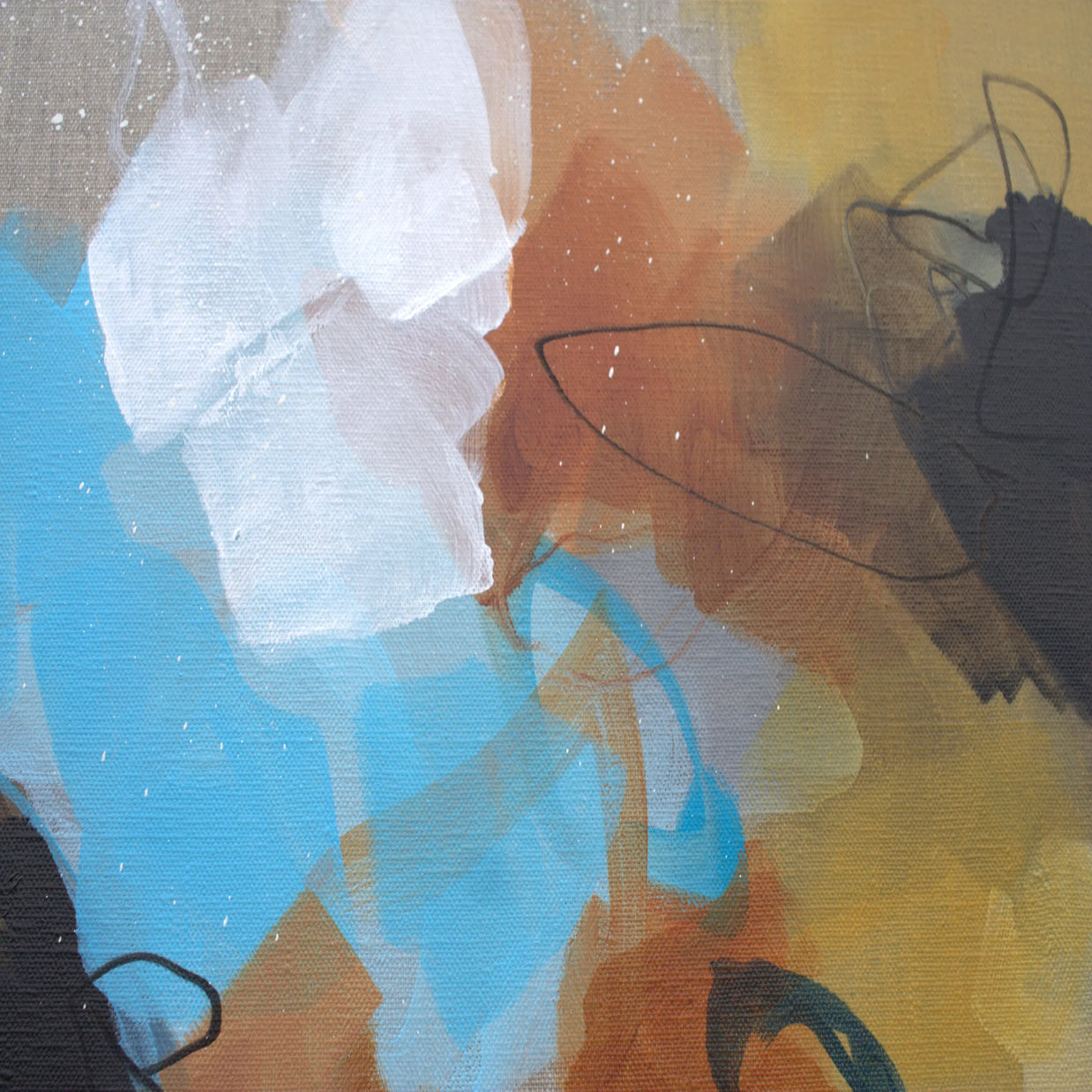 Abstract art with a mix of blue, orange, and black colors on a textured background.