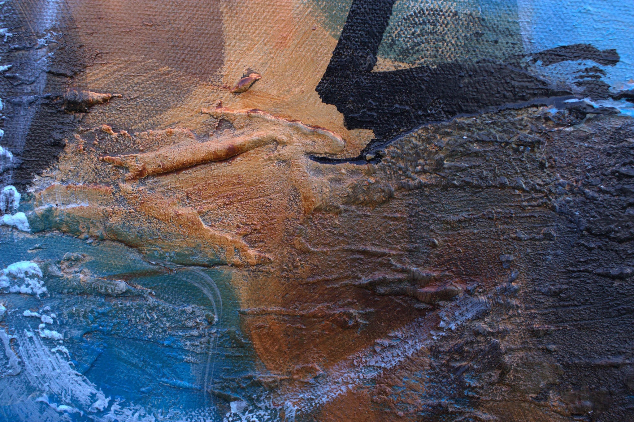 Abstract art with textured brushstrokes in brown, blue, and black.