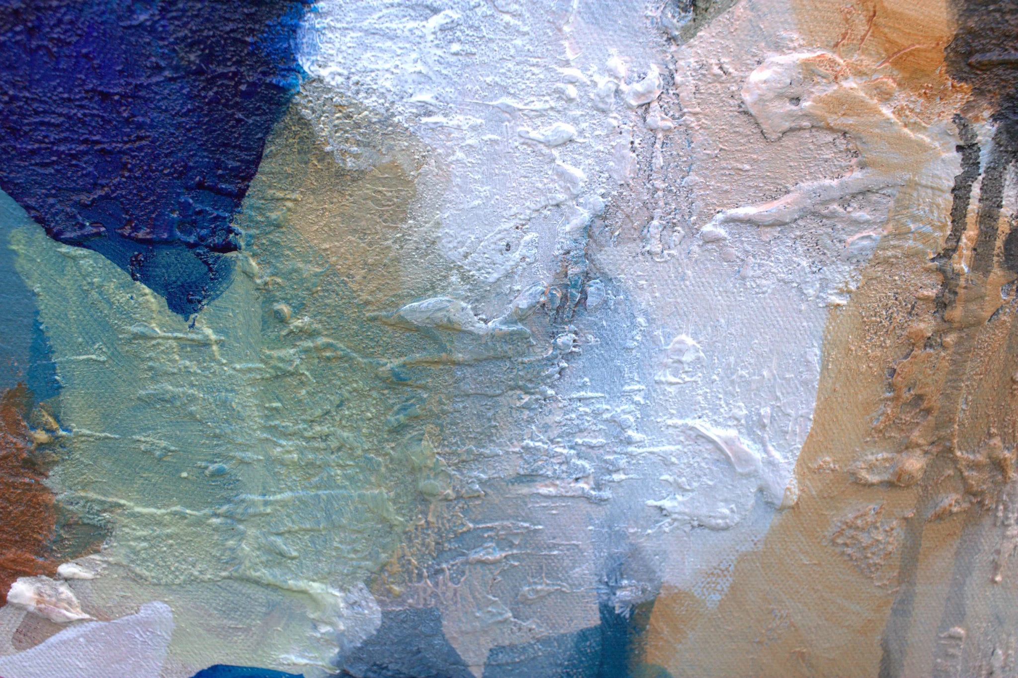 Abstract art with a mix of blue, green, and beige colors.
