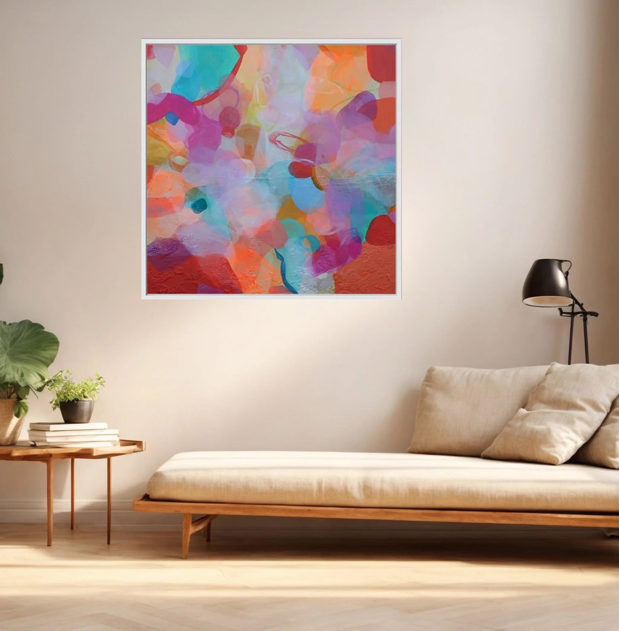 Living room with a colorful abstract painting on the wall, beige sofa, and small table with plants.