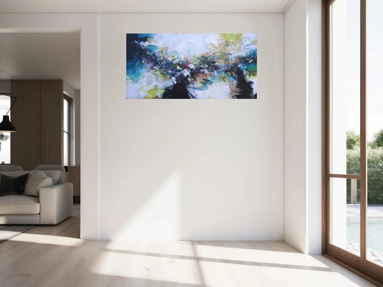 Modern living room with a large abstract painting on the wall