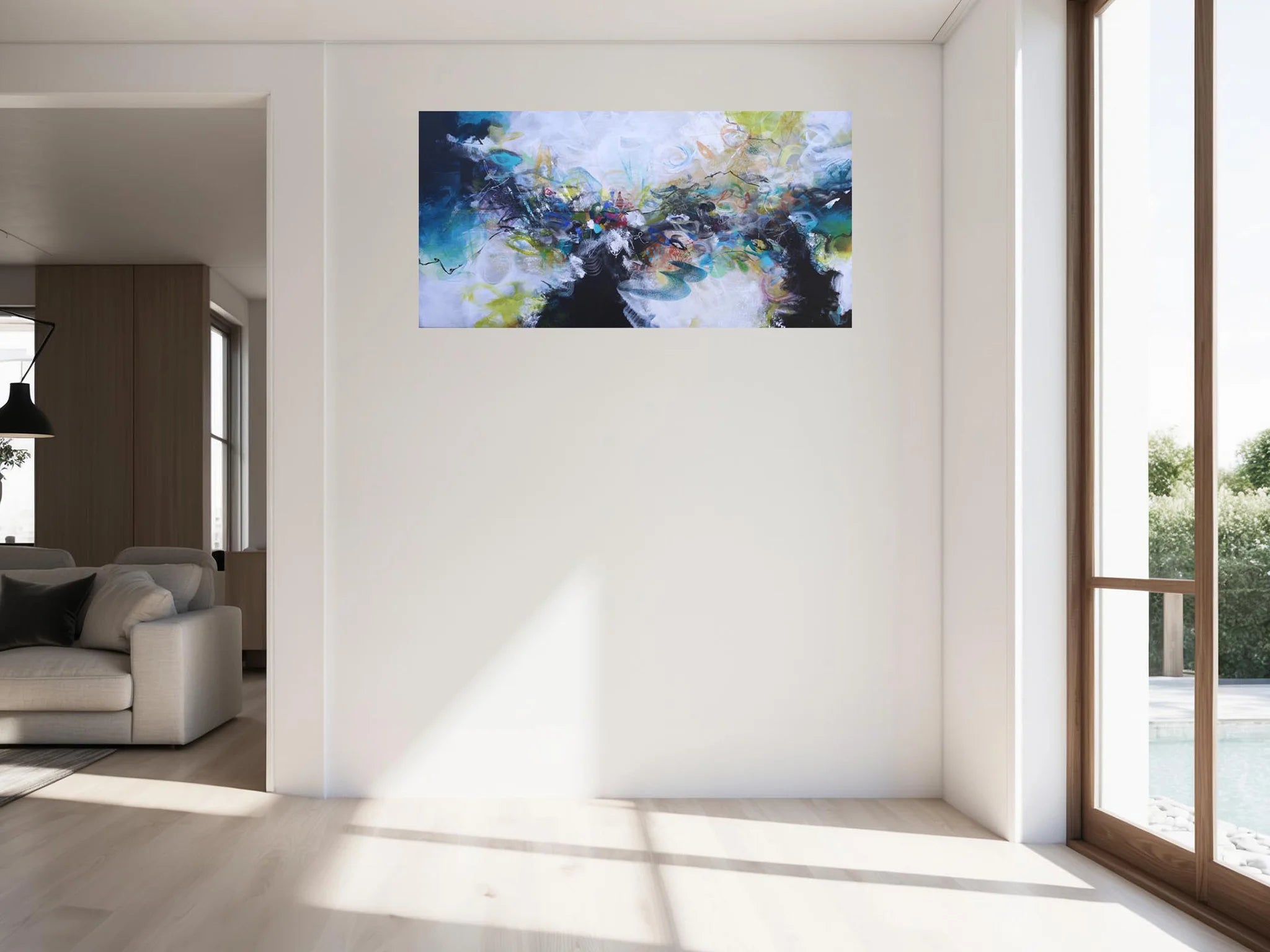 Modern living room with a large abstract painting on the wall