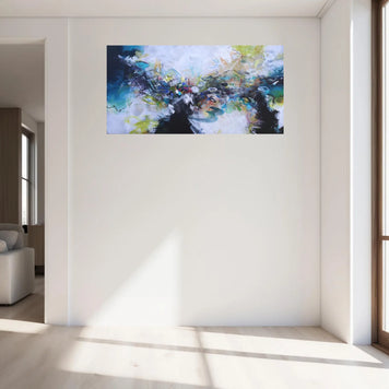 Modern living room with a large abstract painting on the wall