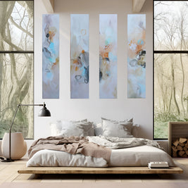 Modern bedroom with large windows, abstract wall art, and a bed.