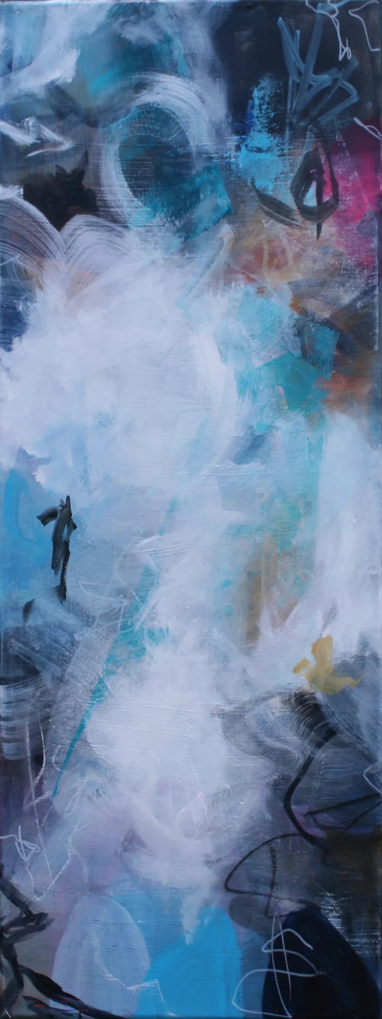 Abstract art with blue, white, and yellow colors on a textured surface