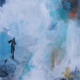Abstract art with blue, white, and yellow colors on a textured surface