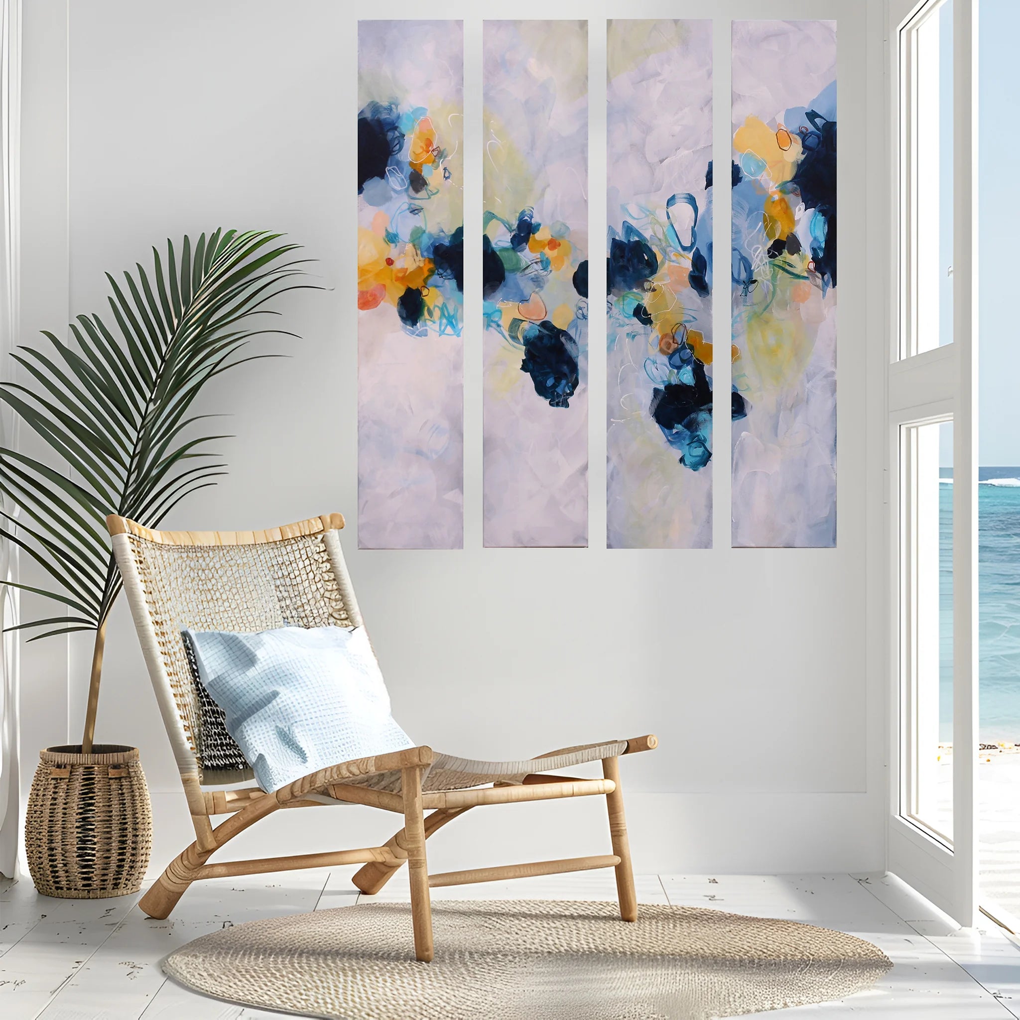 Colourful blue yellow white and greay four panel abstract painting next to chair