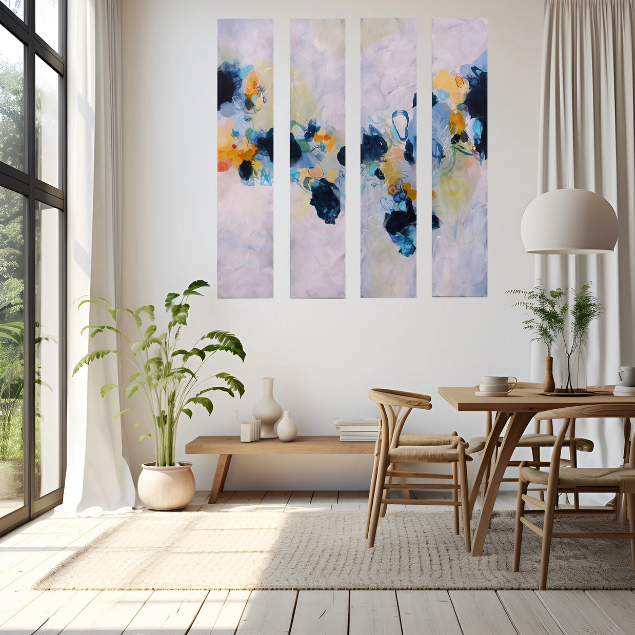 Colourful blue yellow white and greay four panel abstract painting above dining table
