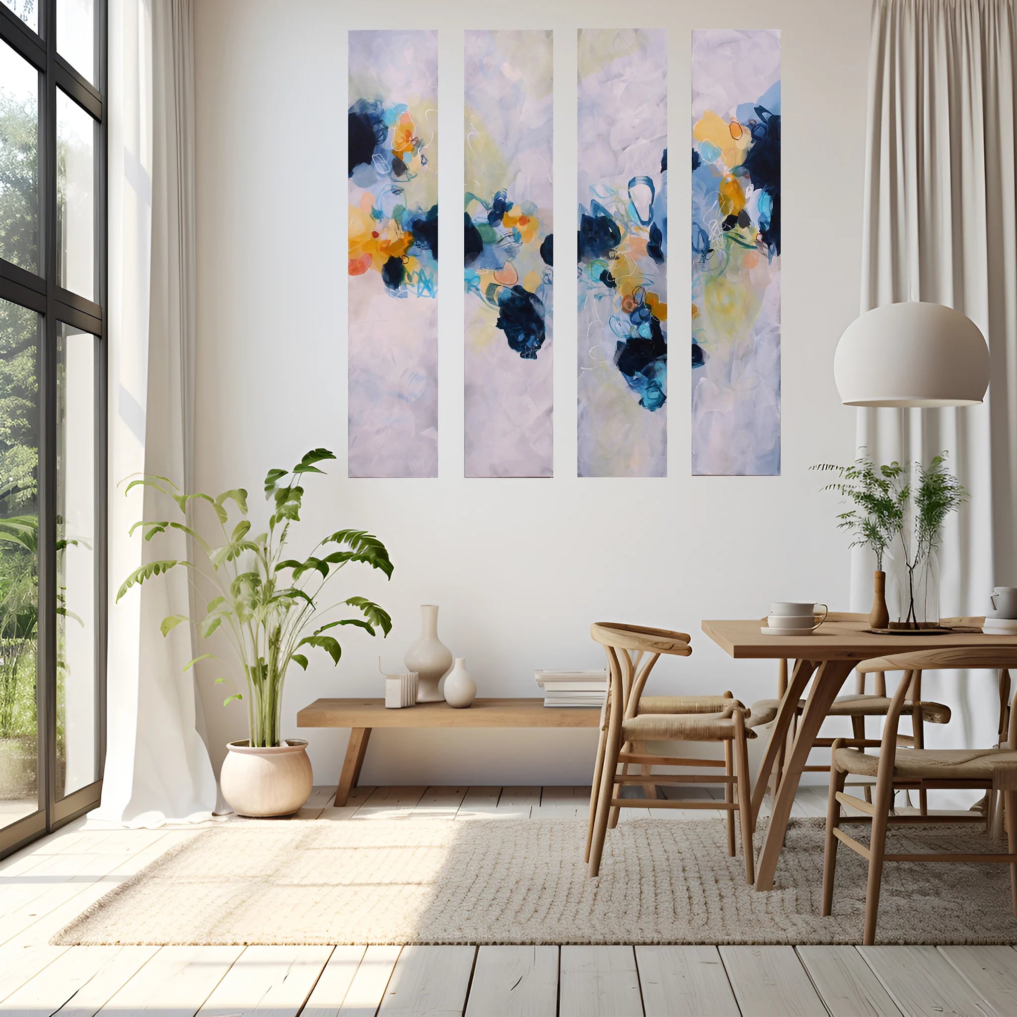 Colourful blue yellow white and greay four panel abstract painting above dining table