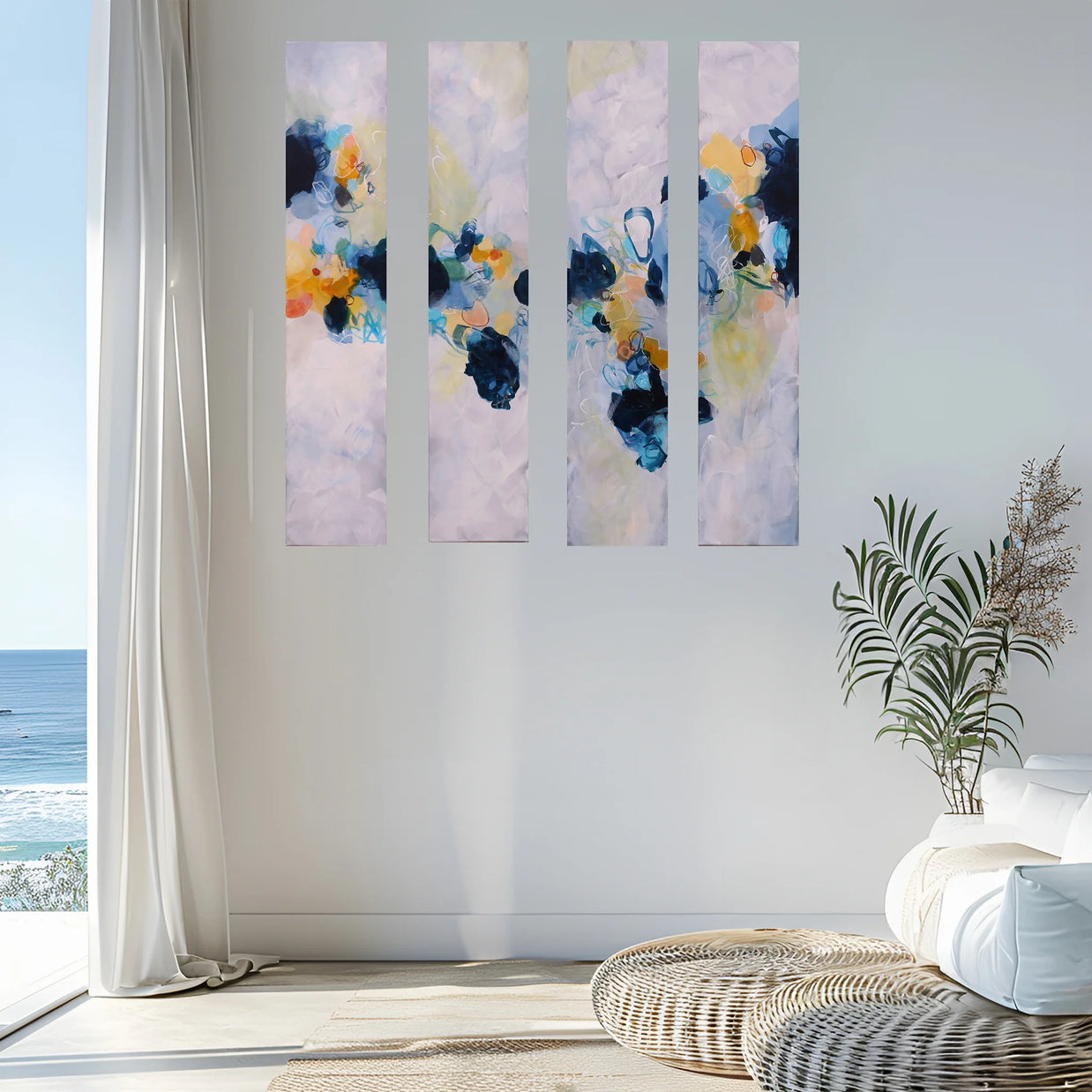 Colourful blue yellow white and greay four panel abstract painting