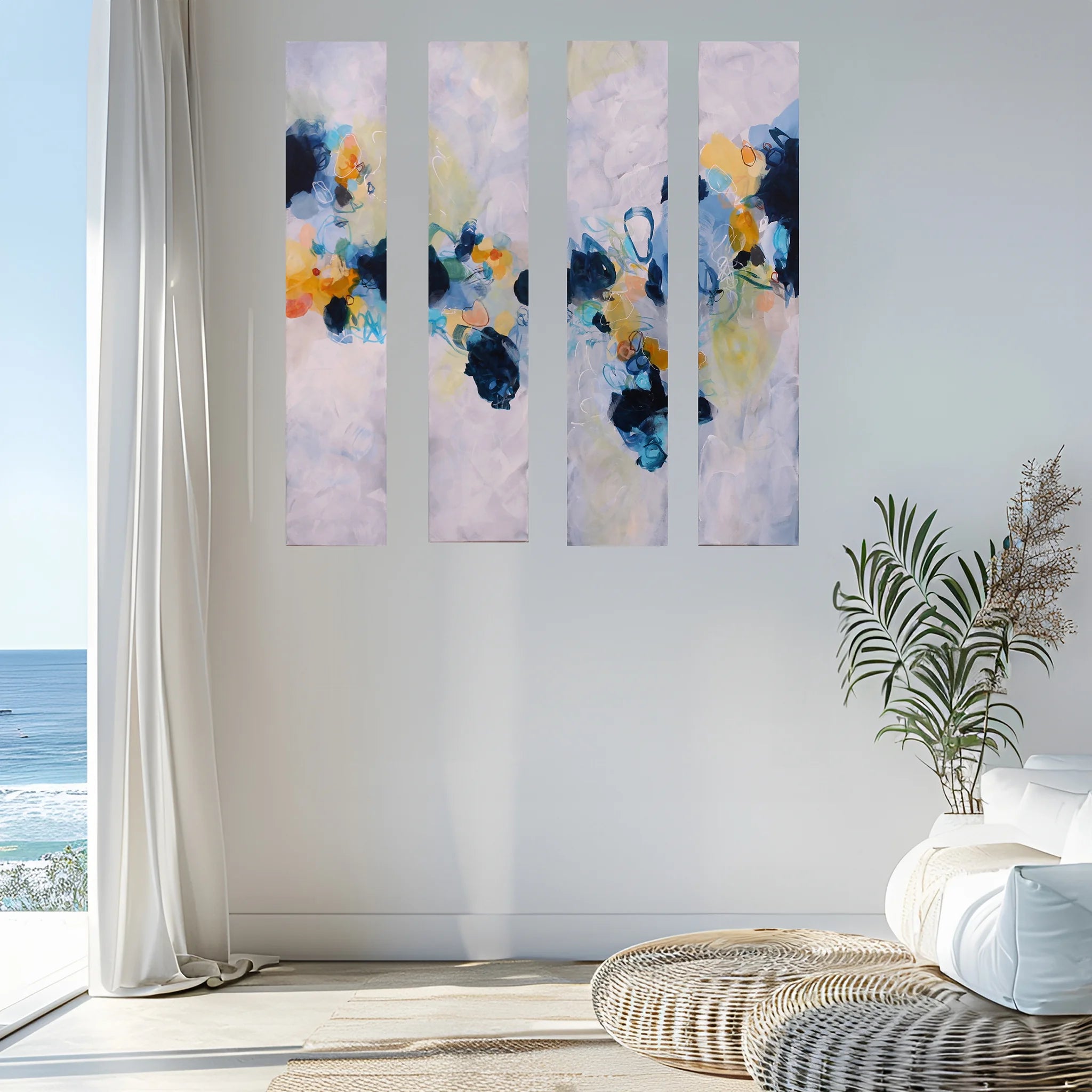 Colourful blue yellow white and greay four panel abstract painting