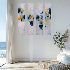 Colourful blue yellow white and greay four panel abstract painting