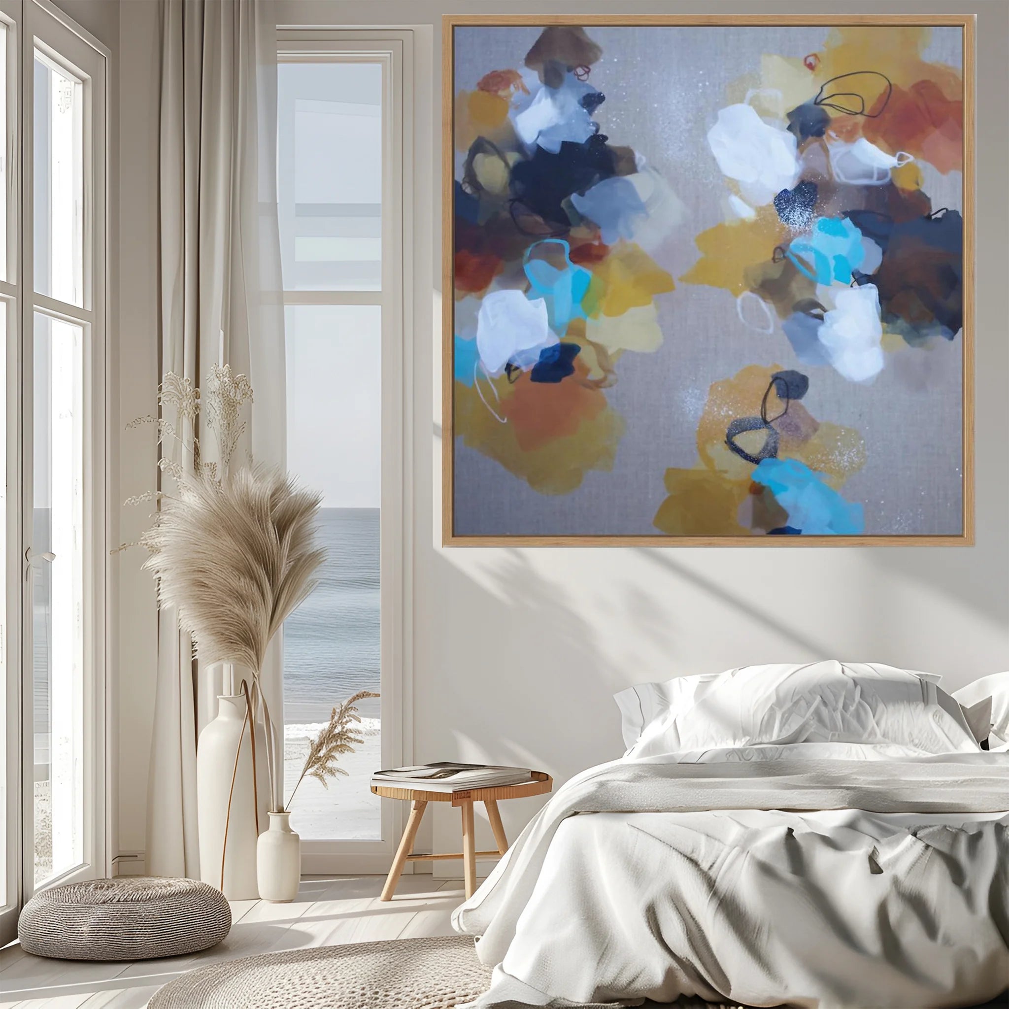 Modern bedroom with abstract art on the wall