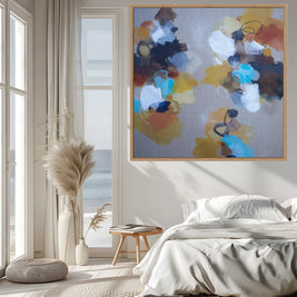 Modern bedroom with abstract art on the wall