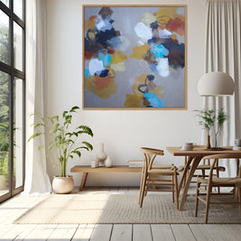Modern dining room with abstract art, wooden table, and chairs.