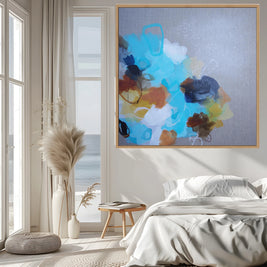 Modern bedroom with abstract art on the wall