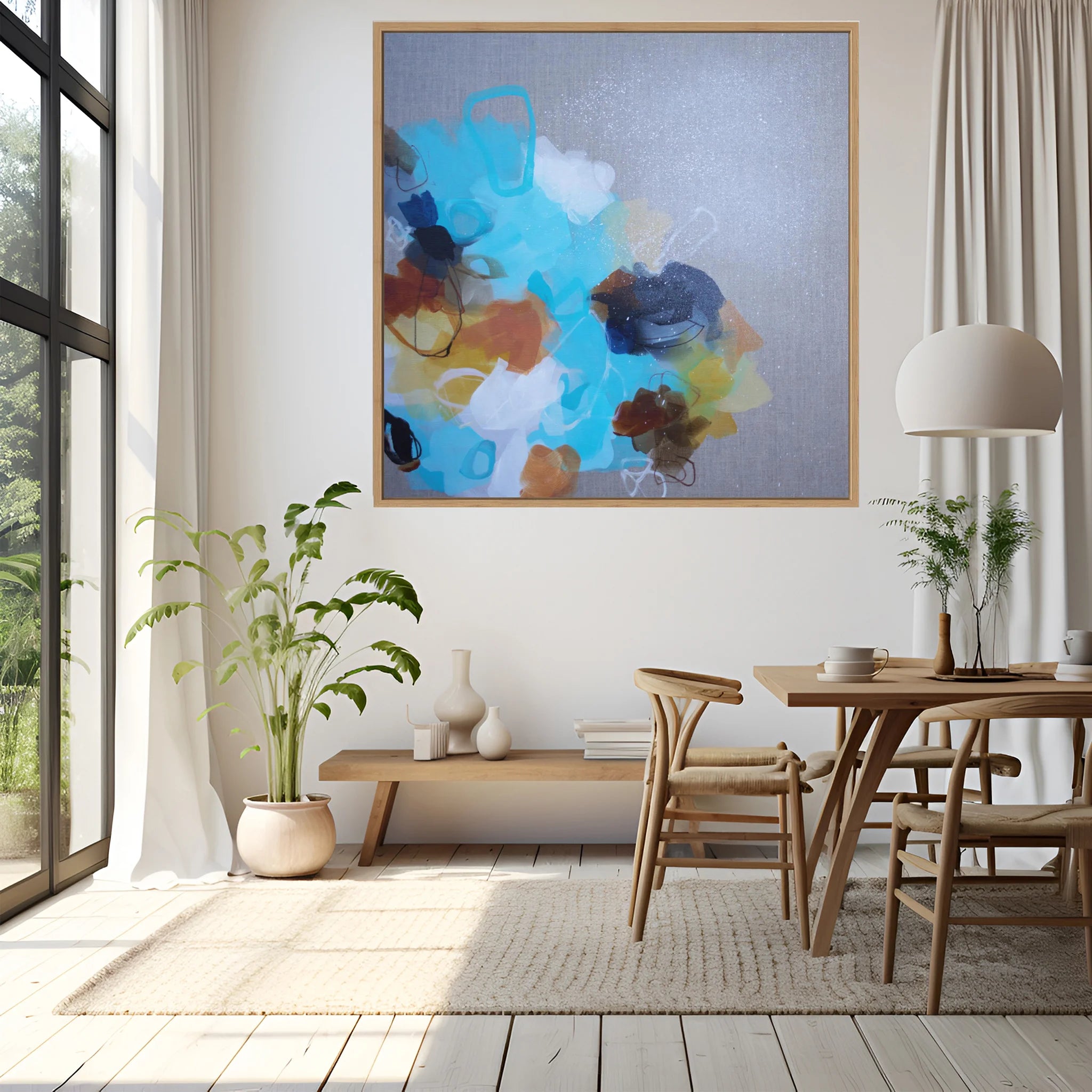 Modern interior with abstract art, table, chairs, and plants.