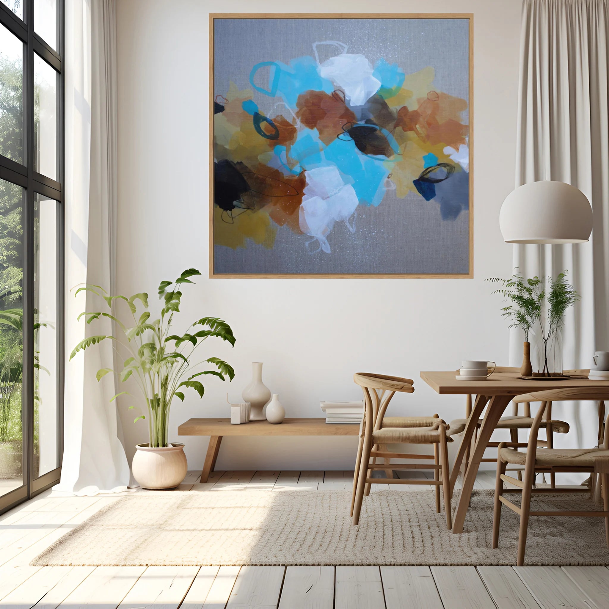 Modern interior with abstract painting, wooden table, chairs, and plants.