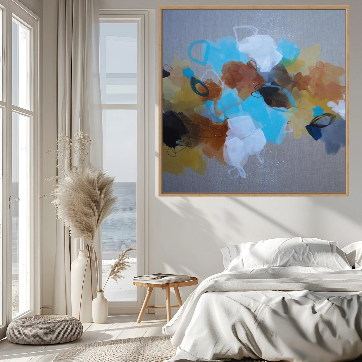Modern bedroom with abstract art on the wall