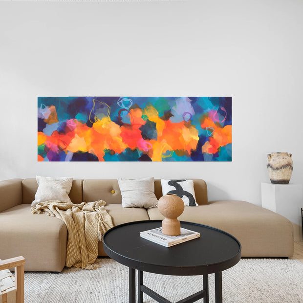Colourful abstract painting above sofa