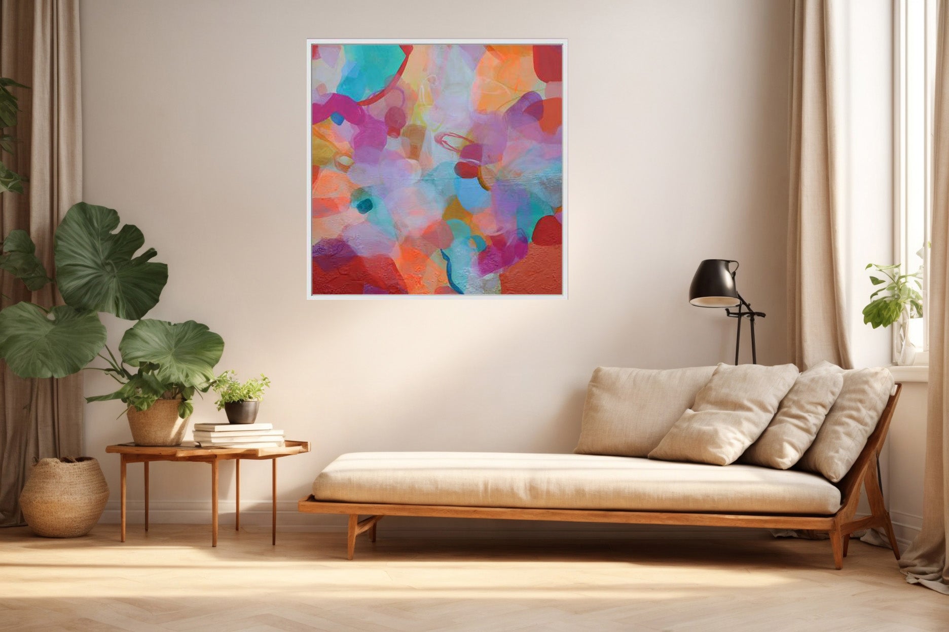 COLOUR ABSTRACT PAINTING ON A WALL ABOVE SOFA WITH LARGE LEAFY GREEN PLANT