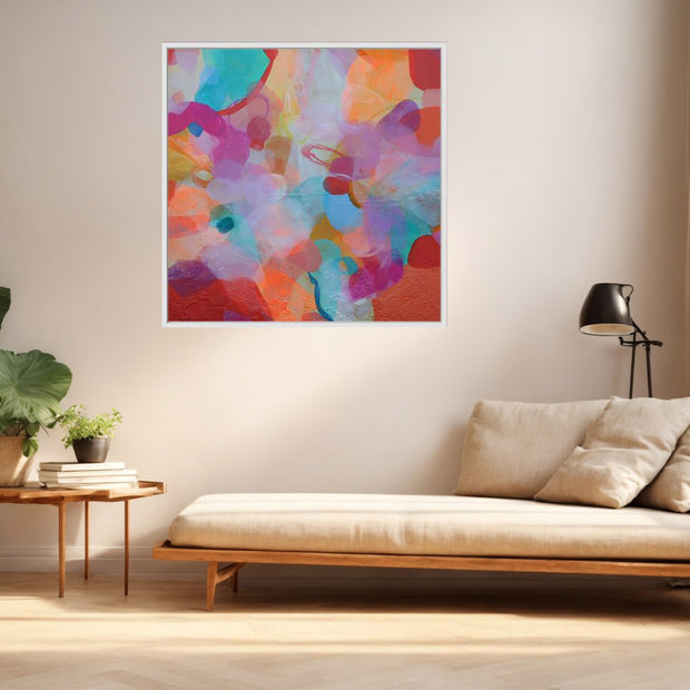 COLOUR ABSTRACT PAINTING ON A WALL ABOVE SOFA WITH LARGE LEAFY GREEN PLANT