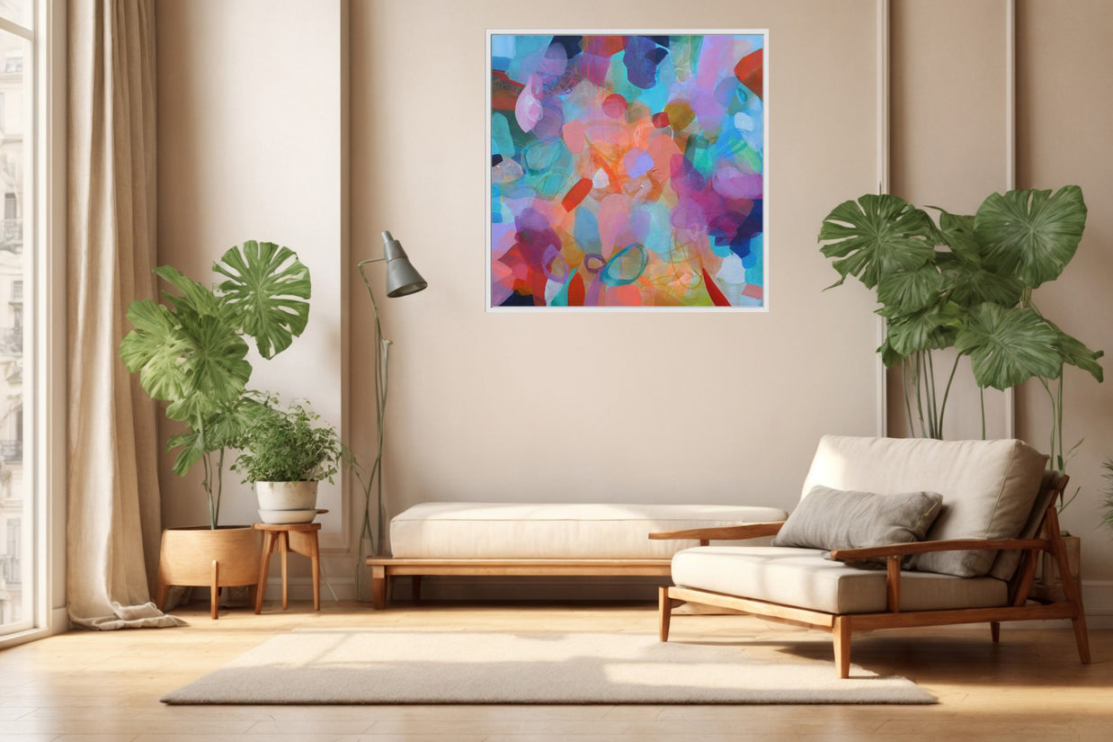 Modern living room with a colorful abstract painting, plants, and a wooden chair.