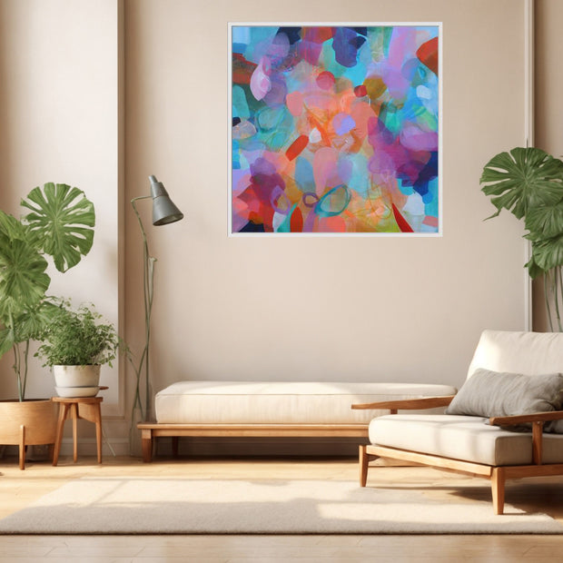 Modern living room with a colorful abstract painting, plants, and a wooden chair.